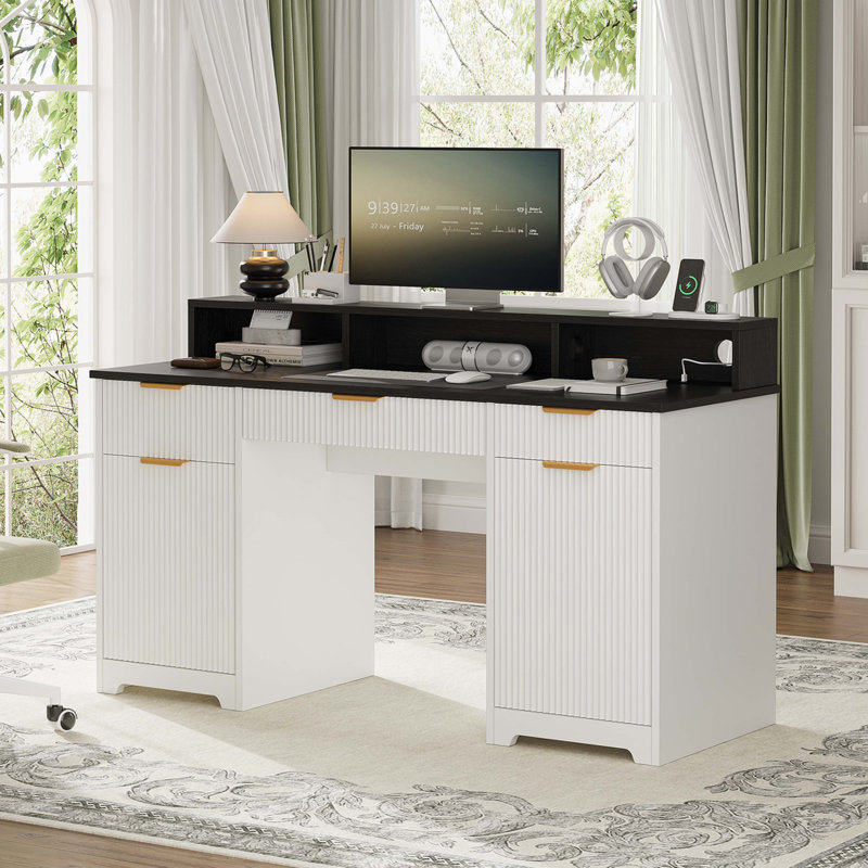 Table d'ordinateur de bureau de direction avec prises de courant et support pour moniteur, bureau d'écriture avec tiroir de rangement pour clavier et classeurs pour bureau personnel