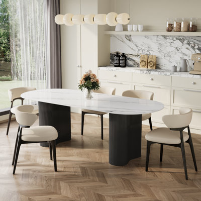 6-person Dining Table Sets With 71'' Oval Sintered Stone Dining Table & 6 Faux Leather Chairs, Modern Kitchen Table & Chairs Set