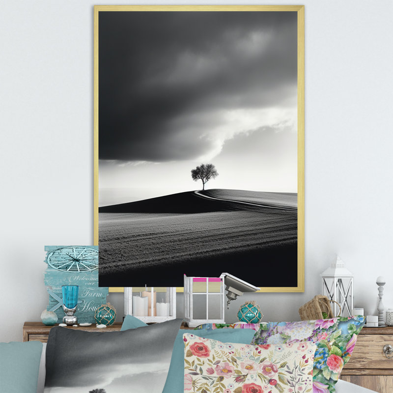 «Black and White Minimalisme Prairie Tranquility», reproduction sur toile, Cadre doré simple, H 20 po x l 12 po x P 1 po