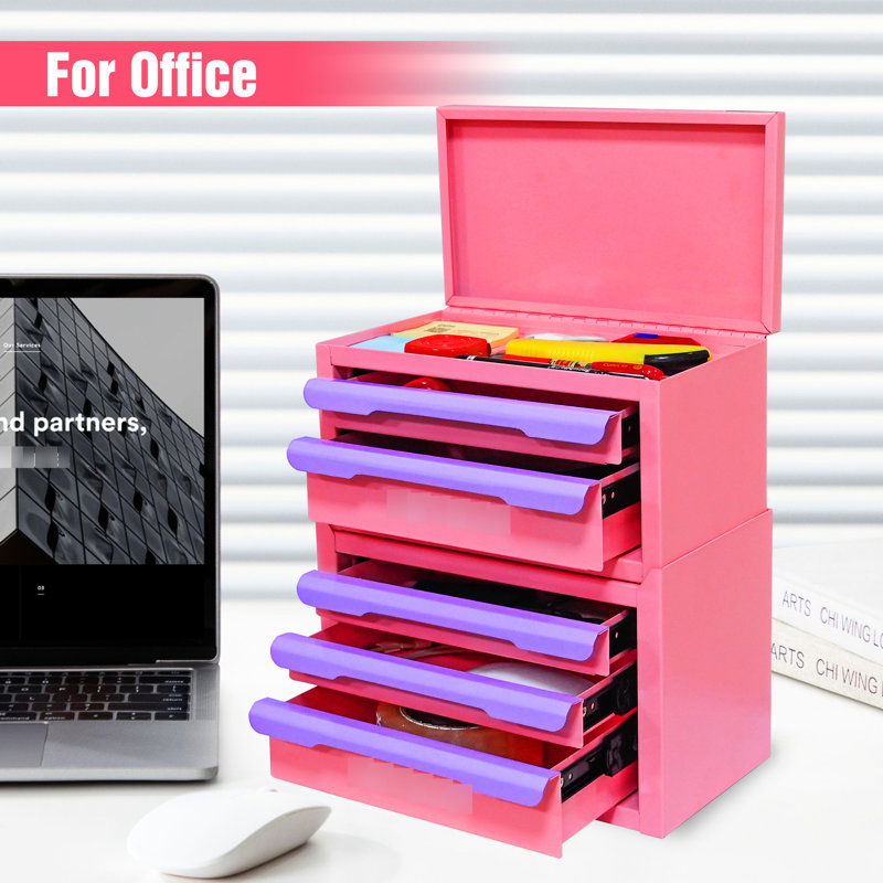 Boîte de rangement à cinq tiroirs de couleur rose-mauve pour l'organisation à la maison, structure en acier laminé à froid, facile à nettoyer et à entretenir, bureau idéal avec cinq tiroirs, rangement pour articles de bureau cosmétiques,