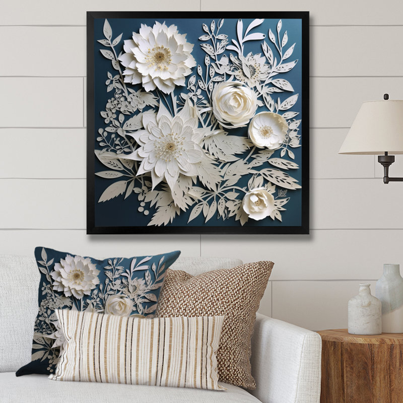 «Ryot White and Blue Flowers Bouquet Elegance», reproduction sur toile, Cadre photo noir, H 16 po x l 16 po