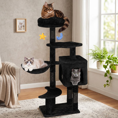 Cette tour à chat d'intérieur de 43 pouces (109 cm) est conçue pour les chatons et les petits chats de moins de 6 mois et de 4 kg ; son aménagement comprend un griffoir, des niches pour chats, un hamac confortable, un perchoir unique et un jouet suspendu.