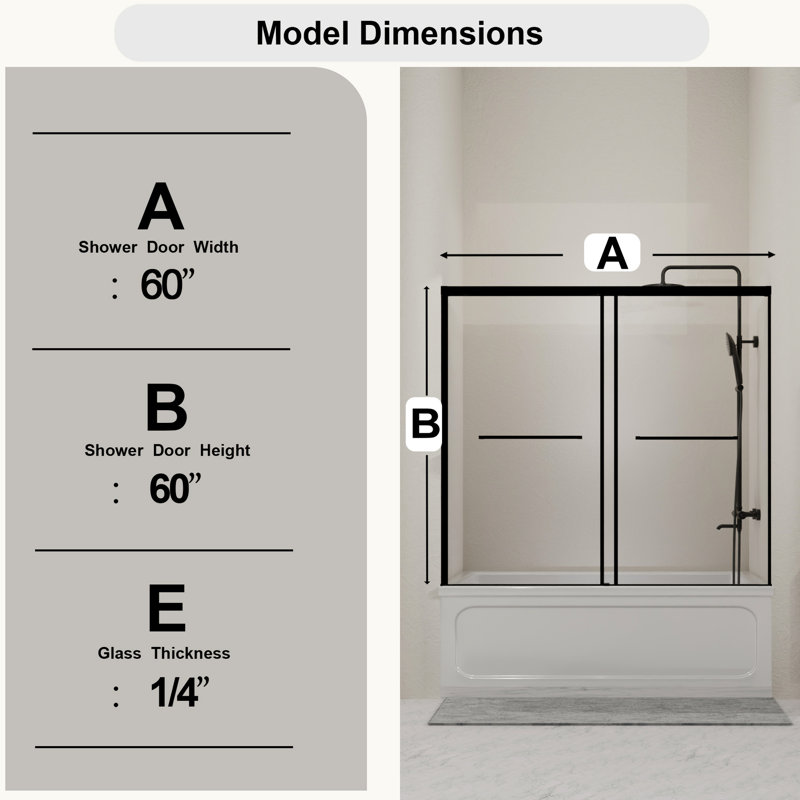 60 In. W X H Double Sliding Shower Door, Semi - , Matte Black, Tempered Glass, Keeps Bathroom Organized Leak Proof Design