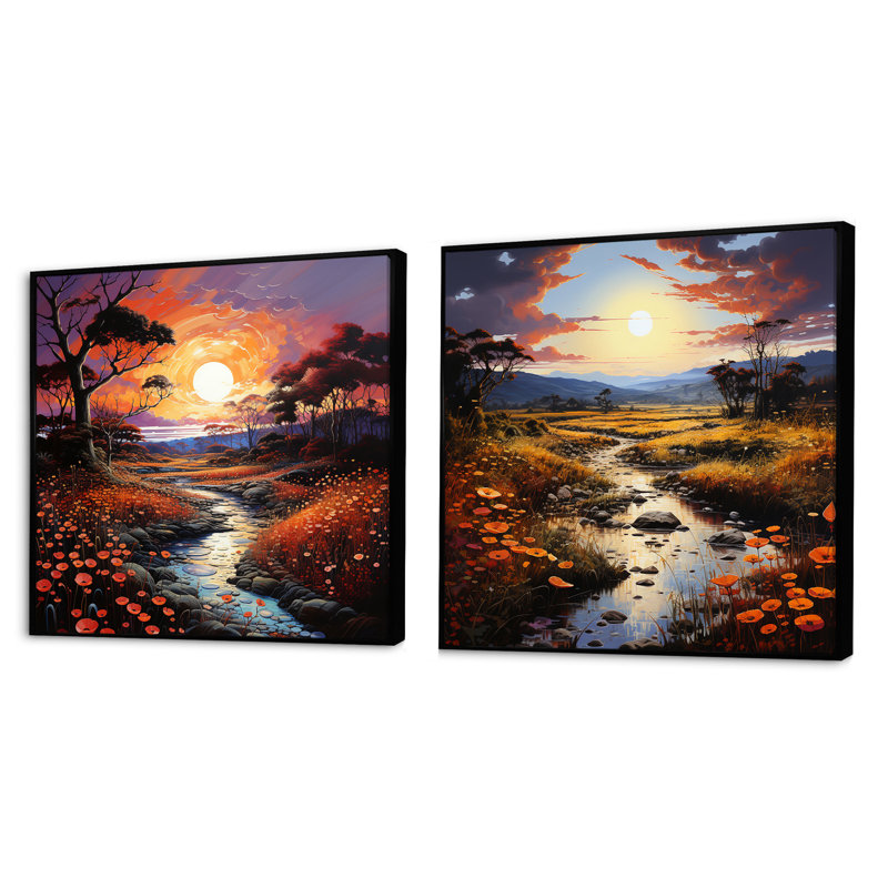 «Neo Expressionism Harmony Of River», 2 pièces, Cadre flottant noir, H 16 po x l 33 po