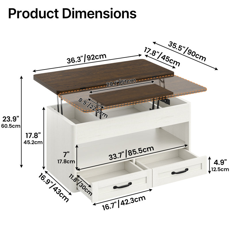 Table basse à plateau relevable moderne avec rangement, table basse rectangulaire convertible 4 en 1 avec 2 tiroirs et tablette ouverte pour le salon