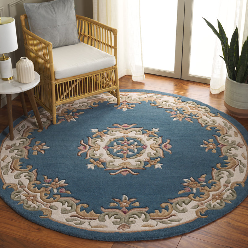 Tapis oriental performance bleu / ivoire en laine / coton touffeté Albreda, Rond 6 pi