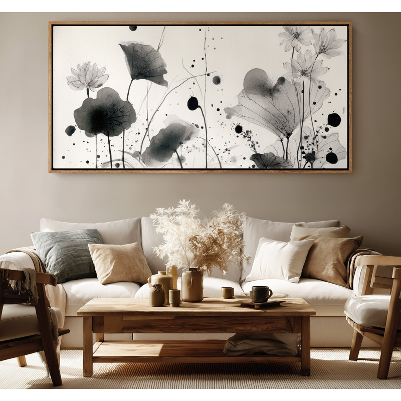 Grand art mural encadré sur toile - Encre noire et blanche à motif floral - 60 po x 20 po, 60 po x 30 po, Naturel