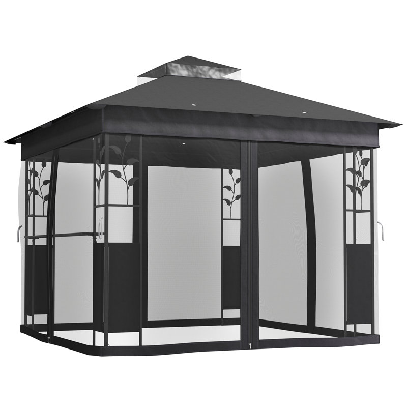 10'x 10' Outdoor Gazebo with Shelves and Netting, Double Roof Patio Gazebo Canopy Shelter, UV30+ Protected for Lawn, Backyard and Deck, Dark Gray