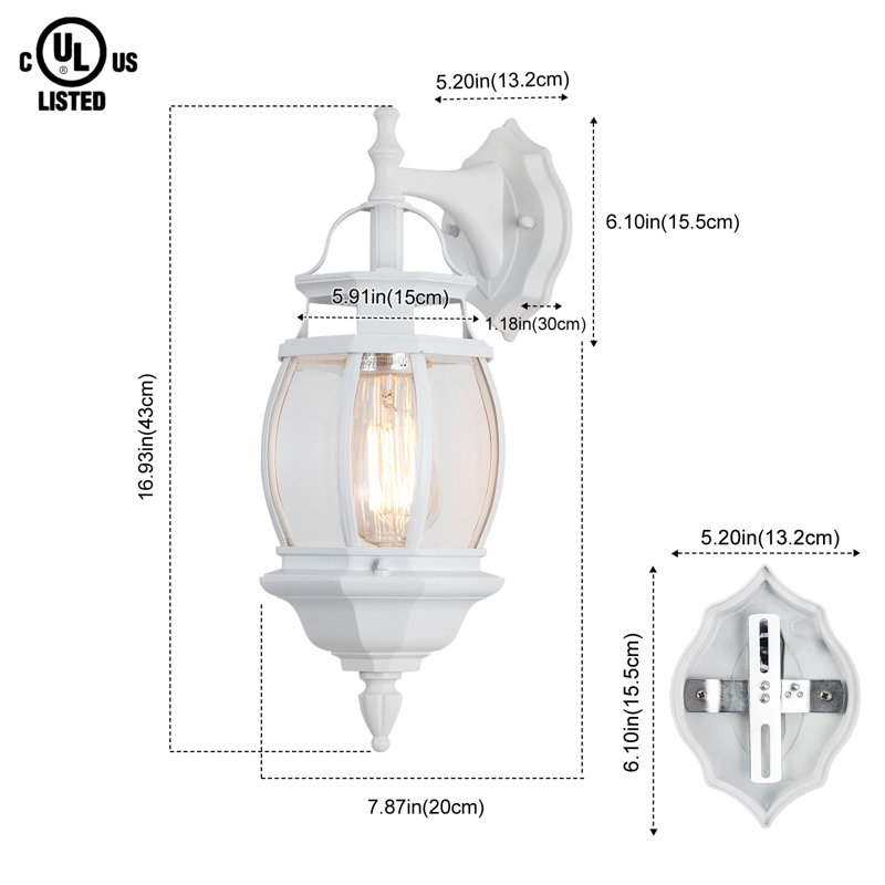 Lanterne murale d'extérieur 1 lumière H 17 po d'inspiration rétro avec design résistant aux intempéries, Blanc mat