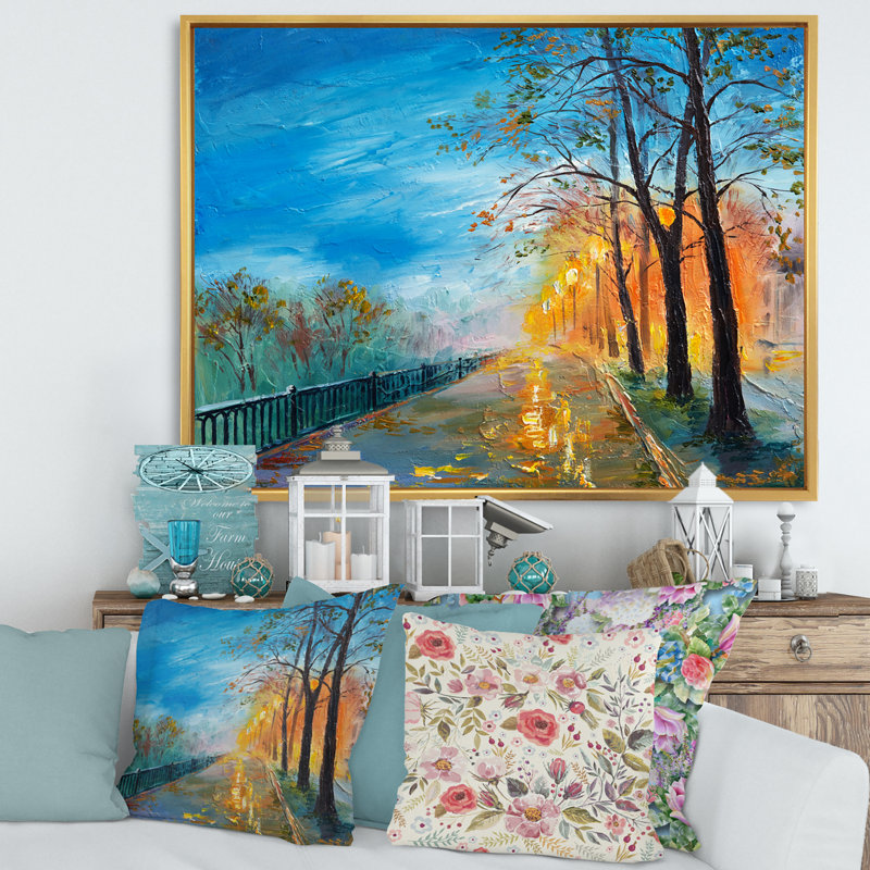 «Evening on Autumn Road», peinture sur toile, H 16 po x l 32 po x p 1 po, Cadre flottant doré