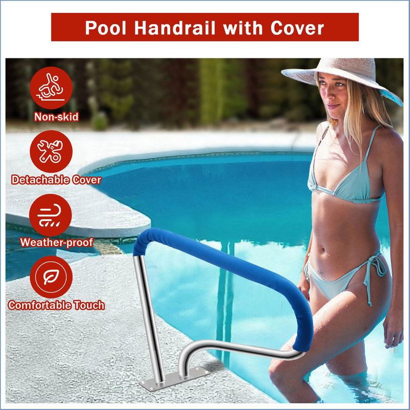 Pool Handrail - 304 Stainless Steel Safety Rail with Non-Slip Blue Grip, 375LB Capacity, Quick Mount Kit for Inground Pools, Spas & Water Parks - Silver