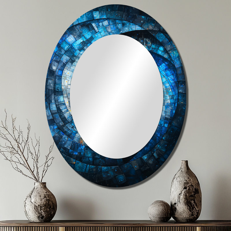 Black Blue Fractal Black Hole III - Large Oval Wall Mirror On Metal, 40" x 30"