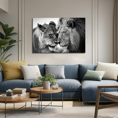 Lion, art mural, lion noir et lionne, image murale, salon, chambre à coucher, couple d'animaux, peinture sur toile, impressions sur toile, encadrée (16,00 po x 24,00 po)