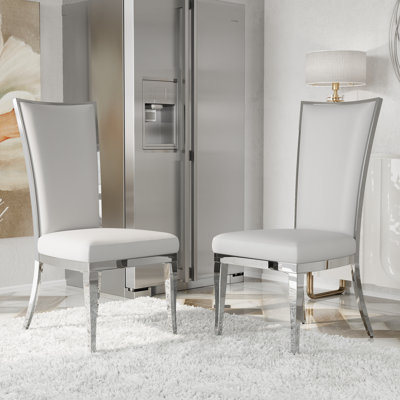 Glam White Velvet High Back Dining Chairs With Mirrored Silver Legs Set Of 2 by Everly Quinn