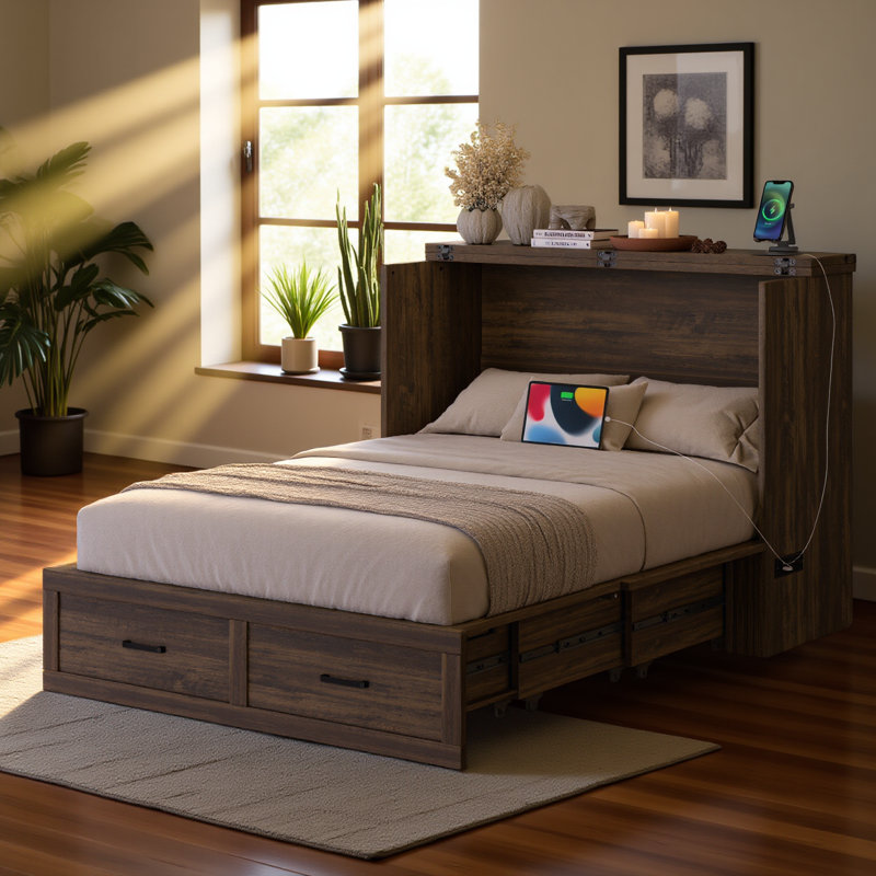Armoire lit escamotable double avec station de charge, lit plateforme pliable multifonctionnel avec 1 grand tiroir de rangement pour chambre d'amis, petite chambre, gris rustique