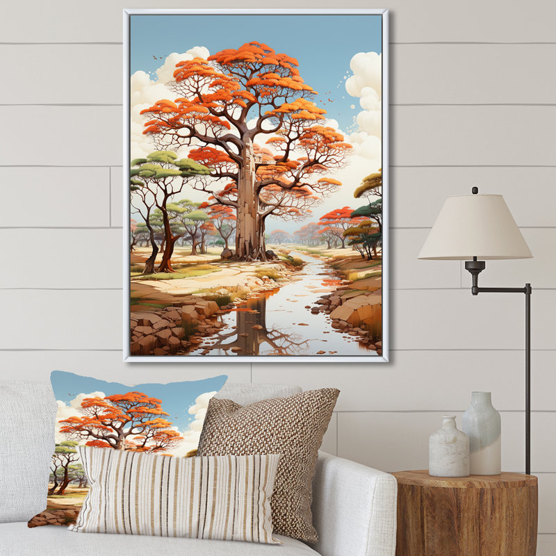 Représentation transparente d'un baobab sur toile, Cadre flottant blanc, H 32 po x l 16 po x P 1 po