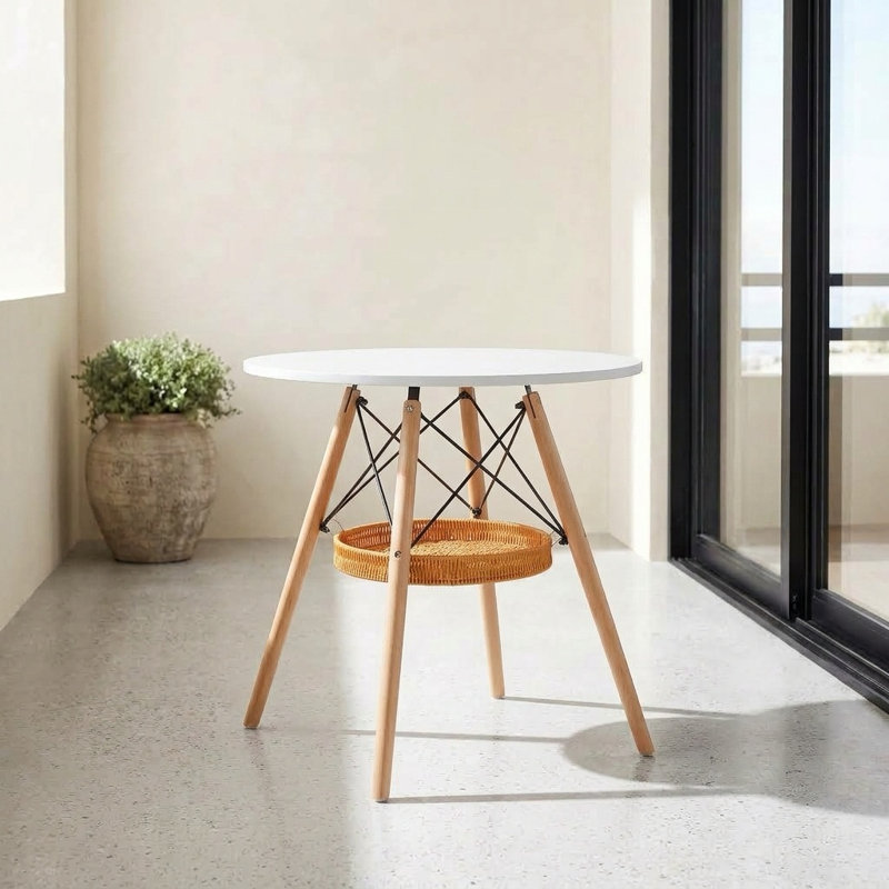 Table de salle à manger ronde en bois et blanc de 80 cm (31,5 po) avec panier sous la table pour petits espaces