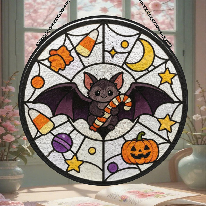 Mignon chauve-souris tenant des panneaux de vitrail, 9,8 x 9,8 po (25 x 25 cm)