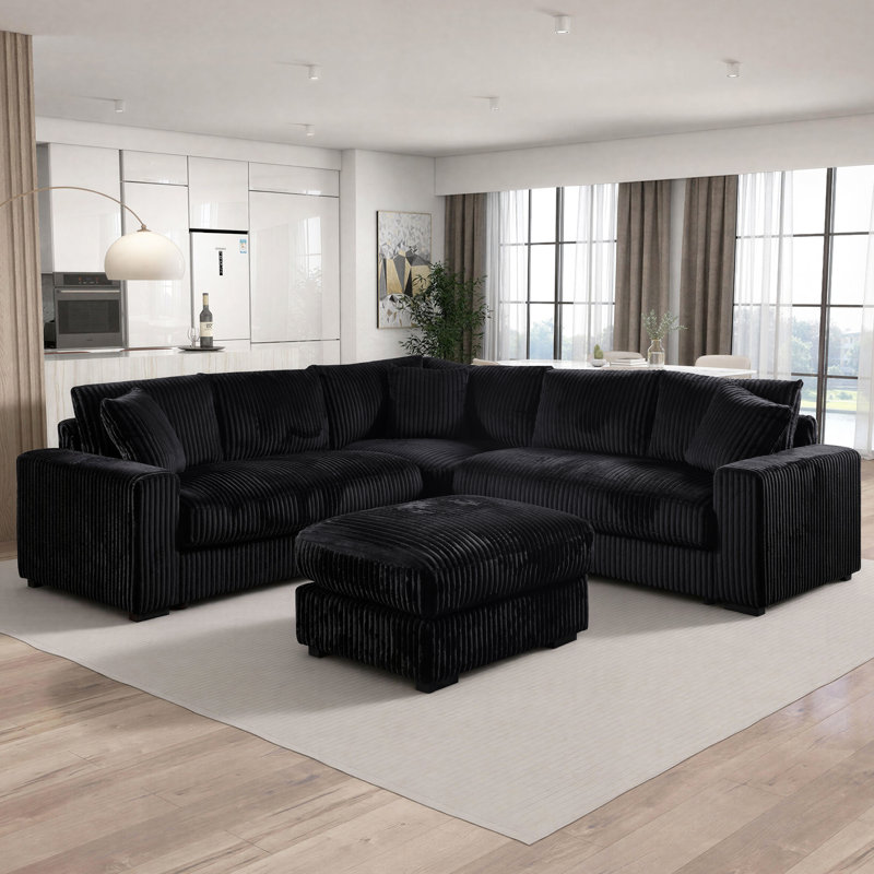 Burwell 99" 4 - Piece L-Shaped Corner Sectional Sofa with Multifunctional Ottoman, Black Corduroy