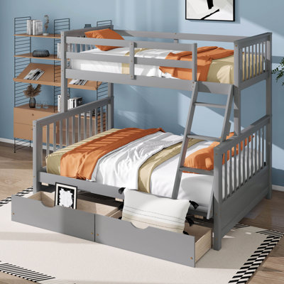Lit superposé simple au-dessus de double avec deux tiroirs de rangement, échelle et barrière de sécurité, convertible en 2 lits séparés