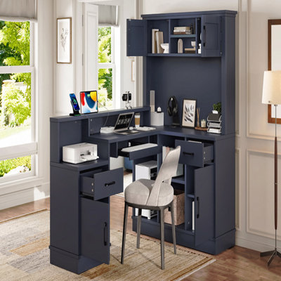 Bureau d'ordinateur en L avec prise de courant, tiroirs, bibliothèque, bureau d'angle moderne, bureau d'écriture de table d'étude en L, bureau d'ordinateur de coin avec rangement, bleu