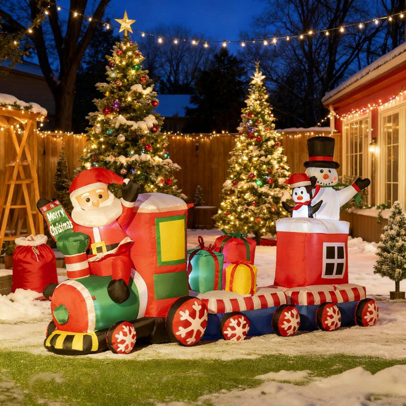 Train de Noël gonflable avec père Noël, bonhomme de neige et pingouin
