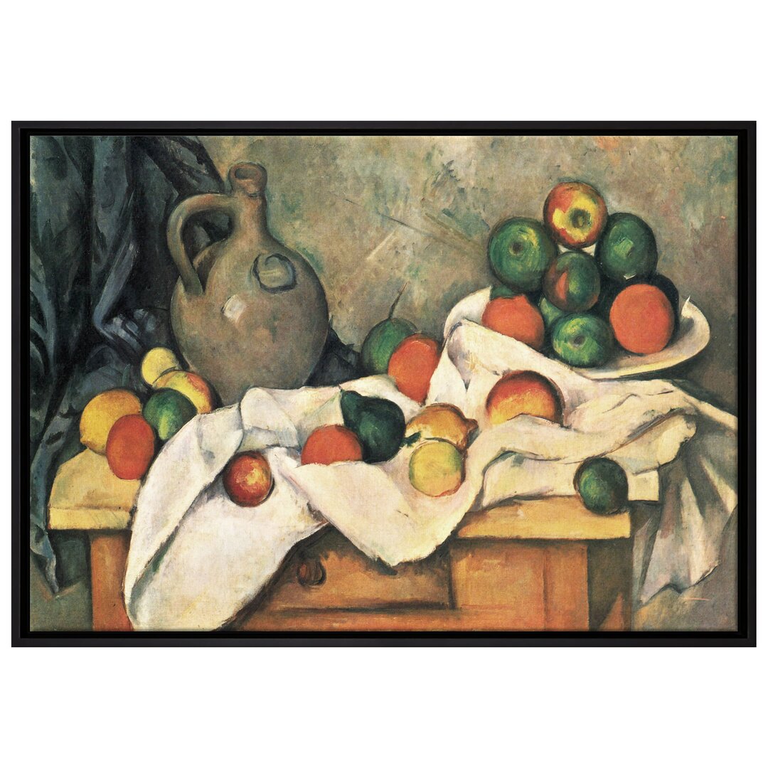 Gerahmtes Leinwandbild Stillleben mit Vorhang, Krug und Obstschale von Paul Cézanne