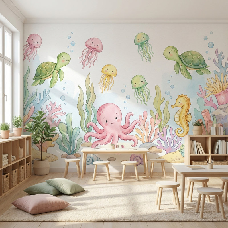 Murale sous-marine Sea Creatures, Non tissé non collé, 120 po x 96 po