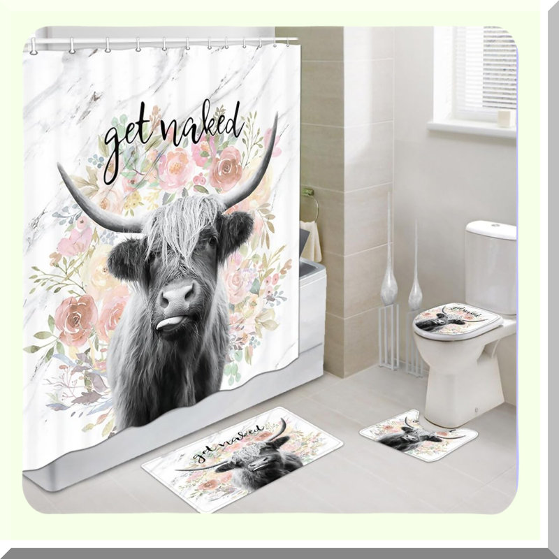 Farmhouse Highland Cow Shower Curtain & Bath Mat Set - Rustic Bull Bathroom Decor