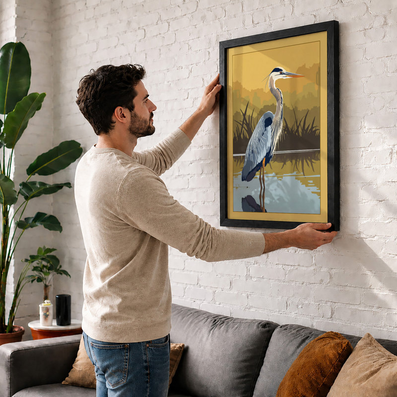Great Blue Heron at Dawn Coastal - Framed Print, Oak, A4 - 29.7 x 21.0 cm