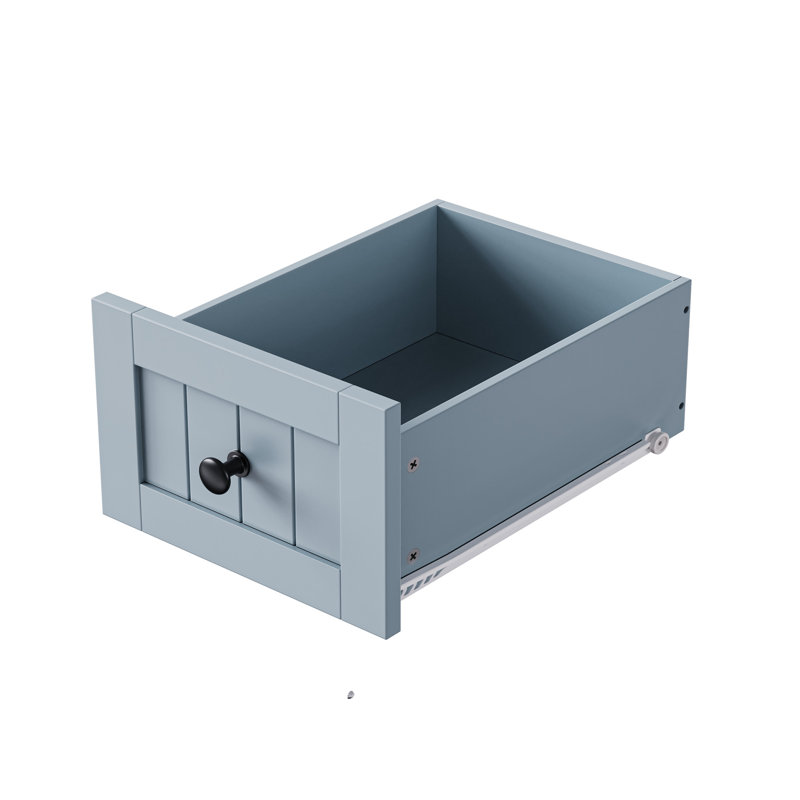 Chariot pour îlot de cuisine gris bleu avec 2 tabourets, prise de courant, espace de rangement interne, abattant, 3 tiroirs, 5 ouvert