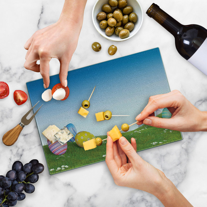 Ambesonne Easter Tempered Glass Cutting Board Eggs on the Hills Spring Multicolor