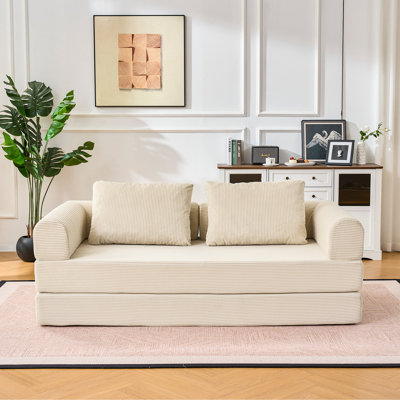 Convertible Sleeper Sofa Bed With Cylindrical Pillow - Corduroy Folding Mattress Couch With Fixed-Shape Frame For Living Room, Bedroom, Lounge, Studio-Orange