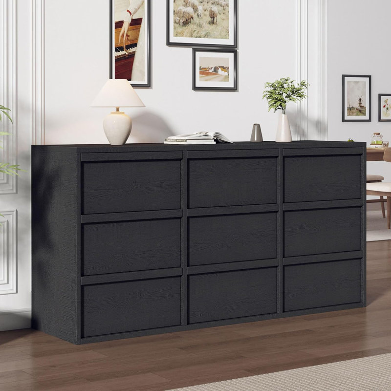 Commode 9 tiroirs pour la chambre à coucher, commodes modernes de 59 po de large et commode avec grand rangement, placard de rangement en bois pour le salon, l'entrée, la chambre de bébé