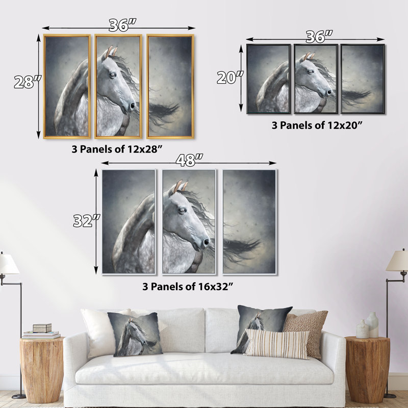 Portrait monochrome d'un cheval sauvage - 3 pièces, cadre flottant, impression sur toile, H 28 po x l 36 po, Cadre noir