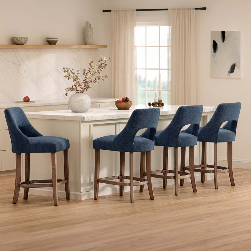 Upholstered Counter Stool with Solid Wood Frame, Marine / Brun