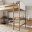 Lit mezzanine simple avec bureau, cadre de lit mezzanine rembourré avec échelle, barrières de sécurité, bois d'hévéa, tête et pied de lit en tissu molletonné