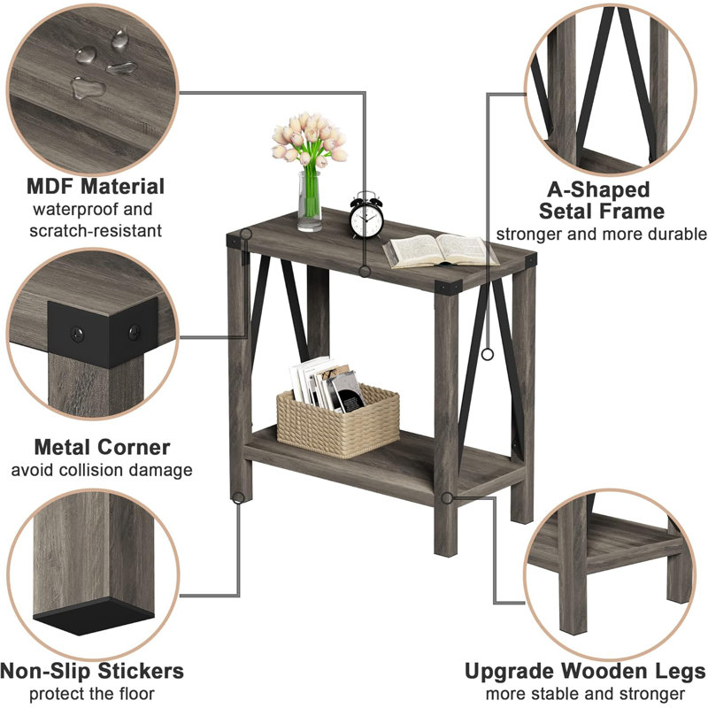 Gray Rustic Farmhouse End Table with Storage Shelf, 2 Pack