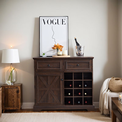 Farmhouse Buffet Cabinet with Storage Sideboard with 2 Drawers, Wine Bar Cabinet with Removable Wine Racks Storage Shelves, Liquor Coffee Bar Cupboard by iYofe