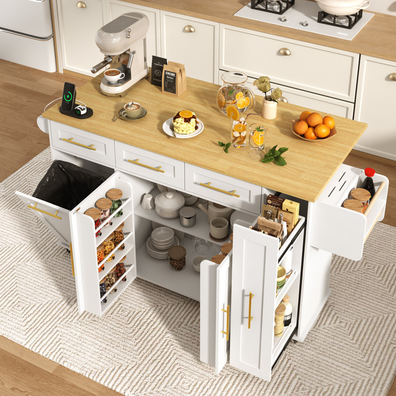 69"W Kitchen Island On Wheels, Large Kitchen Rolling Island Cart With Trash Storage Cabinet, Power Outlet, Drop Leaf, Spice Rack, Towel Rack, Knife Holder, Mobile Island Table For Kitchen