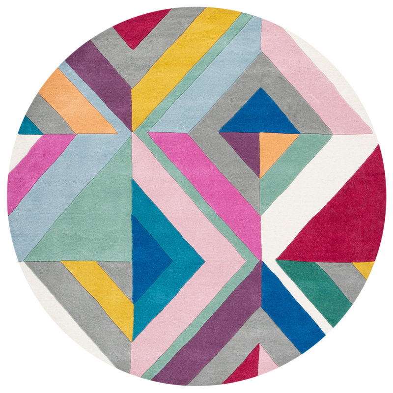 Harsirat Handmade Hand Tufted Wool Gray/Pink/Yellow Rug, Round 7'