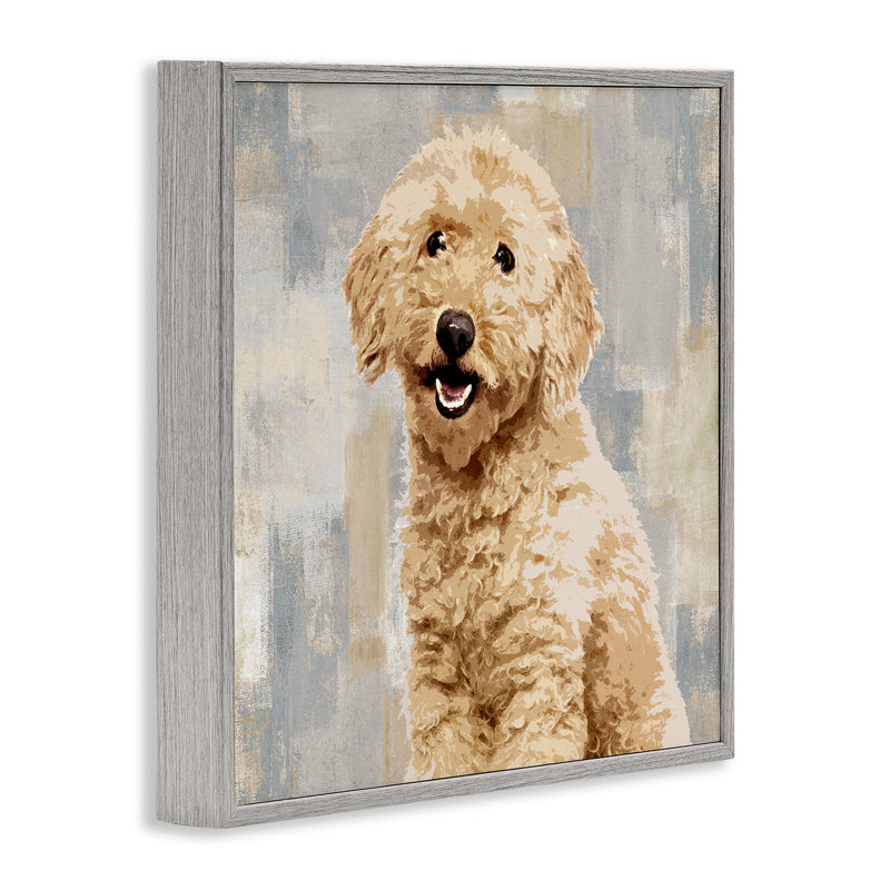 " Smiling Labradoodle Dog Patchwork Grey Beige Pattern " Graphic Art Print, 12" W x 12" H, Farmhouse Gray Framed Giclee