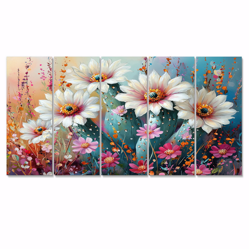Beauté de cactus blanc et rose - décoration murale cactus floral - art mural traditionnel, H 32 po x l 80 po, 5