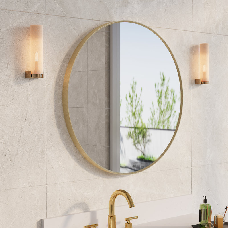Modern Bathroom Wall Mounted Anodized Aluminum Framed Vanity Mirror, 28" x 28", Brushed Gold, Round