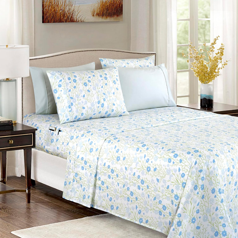 Polyester Floral Sheet Set, Twin XL Sheet Set + 1 Fitted Sheet + 2 Pillowcases