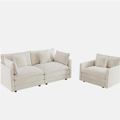 2 Seater Loveseat and Chair Set, 2 Piece Sofa & Chair Set, Loveseat and Accent Chair , 2-Piece Upholstered Chenille Sofa Living Room Couch Furniture(1+2 Seat ) ,White Chenille