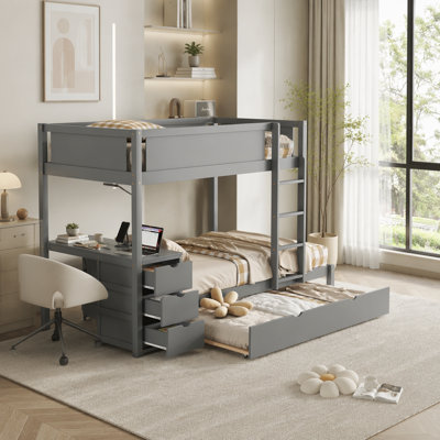 Full-Over-Full Bunk Bed With Twin Size Trundle, Storage And Desk with 2 USB and two three-hole plugs