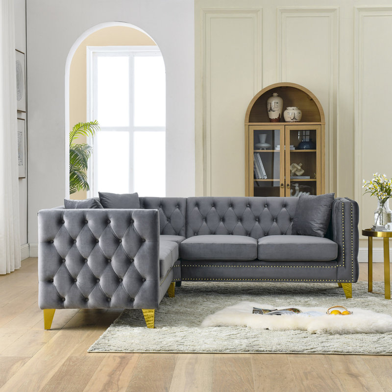 Canapé d'angle, canapé modulaire en L, canapés d'angle 5 places avec 3 coussins, Velours gris velours