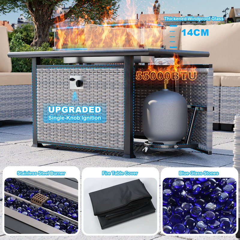 8-Piece Patio Furniture Set, Outdoor Patio Furniture with 55,000 BTU Fire Pit Table, Thick Cushions, Modular Patio Sofa, Dual-Strand Wicker Rattan, Rust-Resistant Frame