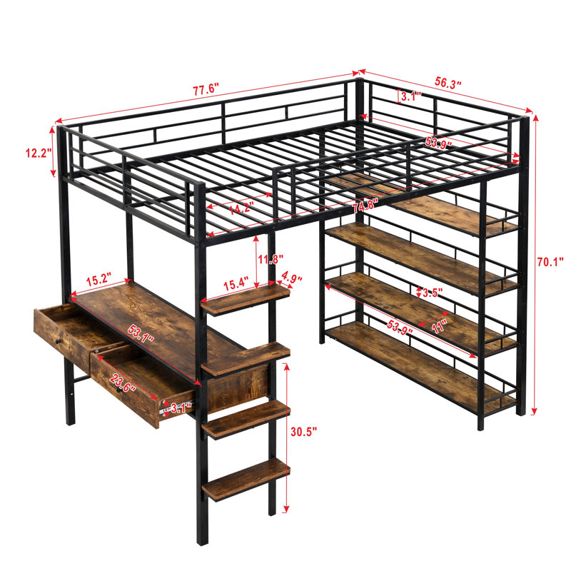 Lit mezzanine avec bureau et tablettes, noir, Lit double